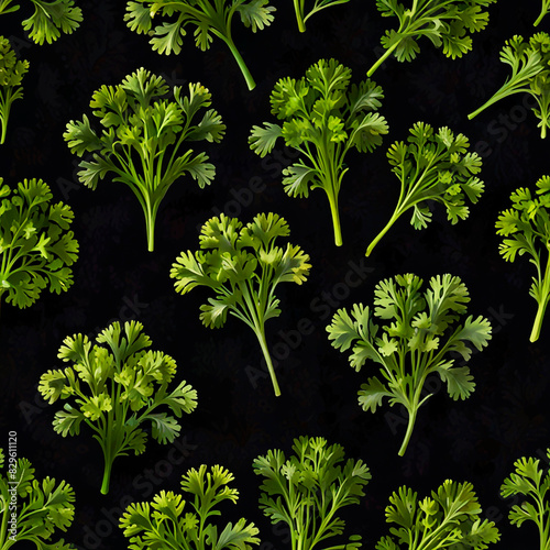 Parsley stems on a dark background in a pattern, creating a striking visual contrast.