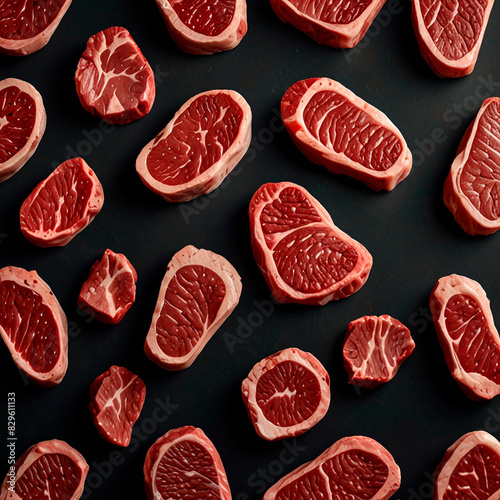 Meat lamb steaks on a dark background in a pattern, creating a striking visual contrast.