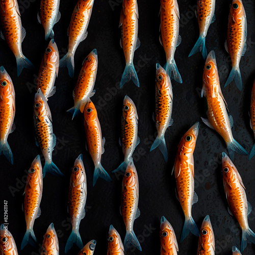 Cooked fishes on a dark background in a pattern, creating a striking visual contrast.
