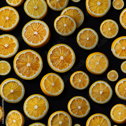 Lemon slices on a dark background in a pattern, creating a striking visual contrast.