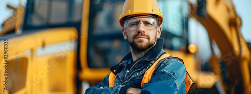 Happy Young Heavy Equipment Operator Excelling in Construction Career with Caterpillar Digger photo