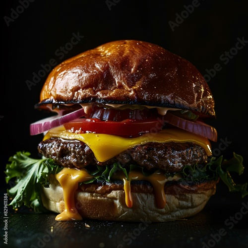 A mouthwatering editorial photograph of a brioche cheeseburger, captured with a 400mm lens photo