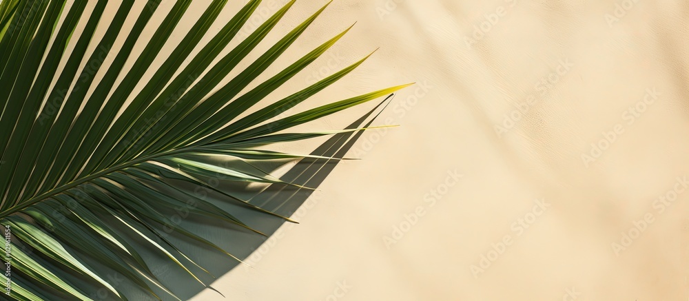 Obraz premium Top view of a green tropical leaf shadow on sandy background depicting a minimalist summer theme with a palm tree leaf for a creative copy space image