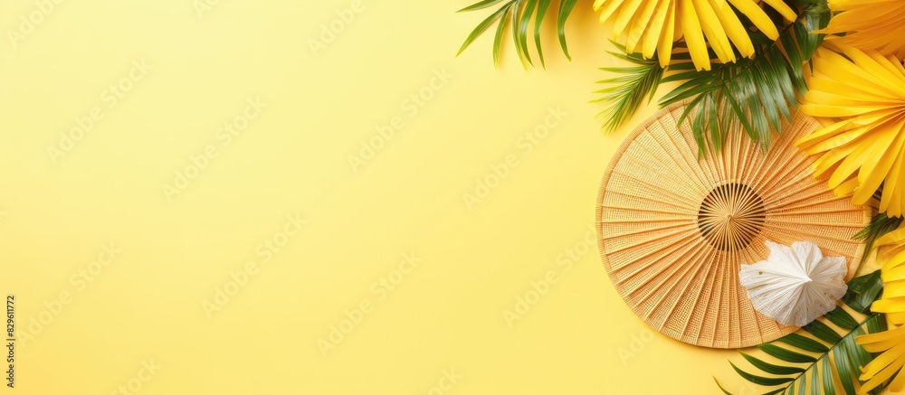 Naklejka premium Top view of a summer themed female fashion ensemble including a straw hat bamboo bag sunglasses palm branches and a pineapple on a yellow background with copy space image