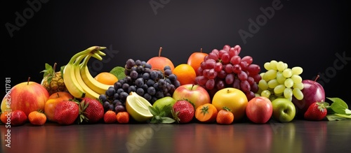 Varieties of fruits displayed in the image with empty space for text. Copy space image. Place for adding text and design