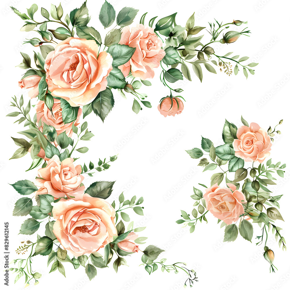 Watercolor roses and greenery floral corner, peach pink roses with ...