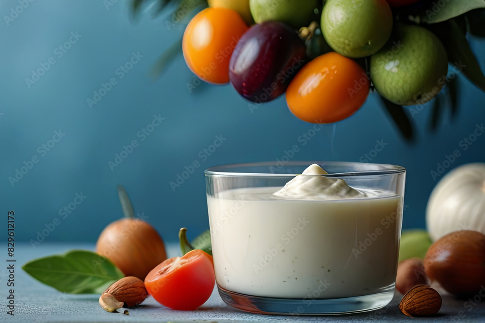 Natural farm vegetables, fruits, olive oil, nuts, seeds, and plant yogurt on a blue background. Perfect for vegetarian, healthy food Natural farm vegetables, fruits, olive oil, nuts, seeds, and plant yogurt on a blue background. Perfect for vegetarian, healthy food