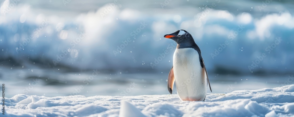 Obraz premium Majestic Penguin Standing on Snow-Covered Beach Against Ocean Backdrop