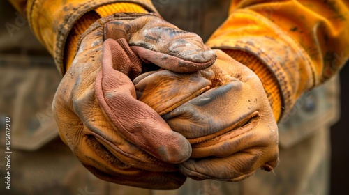A construction workers hand firmly gripping a thick protective pair of leather work gloves.