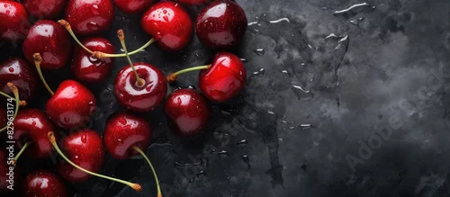 Panel kuchenny z motywem Top view of fresh ripe cherries with water drops on a stone background offering ample copy space image