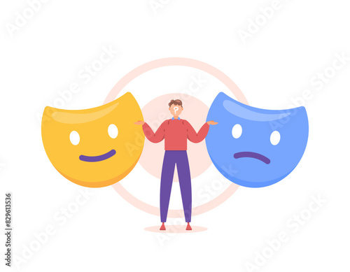 Eccedentesist. emotional problems. bipolar sufferers. mood swing disorder. mental health problems. illustration of a man with a happy face mask and a sad face. illustration concept design. graphic