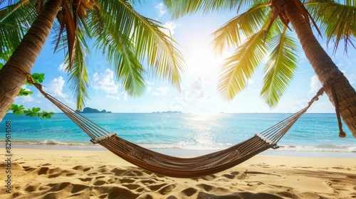 A hammock is swaying between two tall palm trees on a sandy beach, overlooking the crystalclear water and blue sky. The natural landscape is serene and perfect for relaxation AIG50 © Summit Art Creations