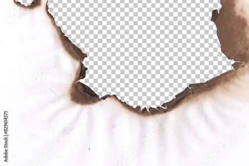 Burn in paper with brown edges and flames isolated on transparent background
