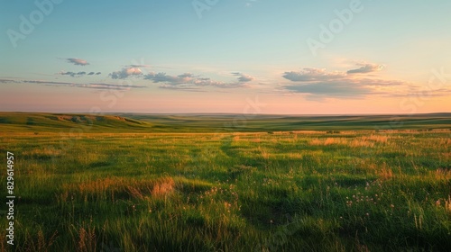 Expansive Green Field at Sunset with Clouds