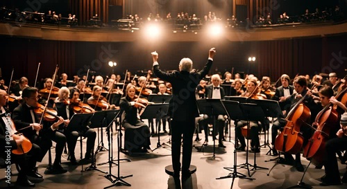 Orchestra conductor directing the musicians.