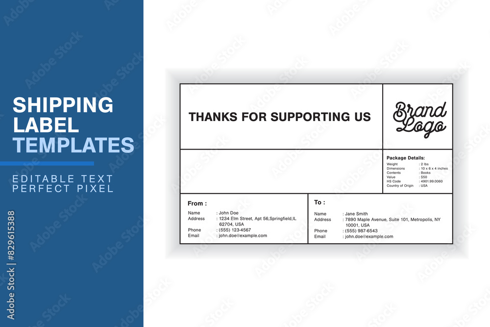 Obraz premium Simple Custom Shipping Label Design Template with Sender, Recipient, Package Details, and Customs Information
