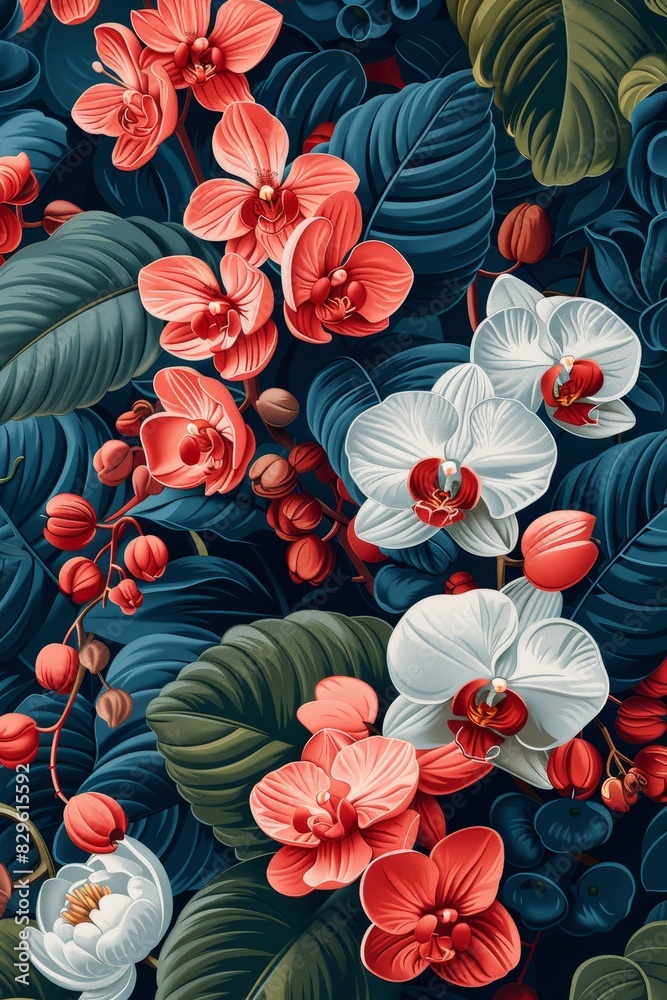 Red and White Flowers on Blue Background