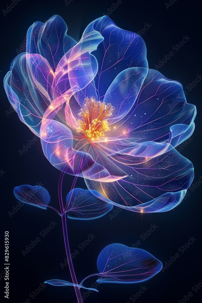 Obraz premium Blue Flower With Yellow Center on Black Background