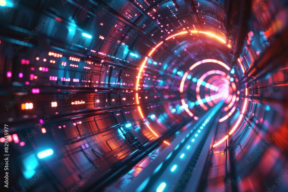 Obraz premium Futuristic Tunnel with Neon Lights and Digital Patterns