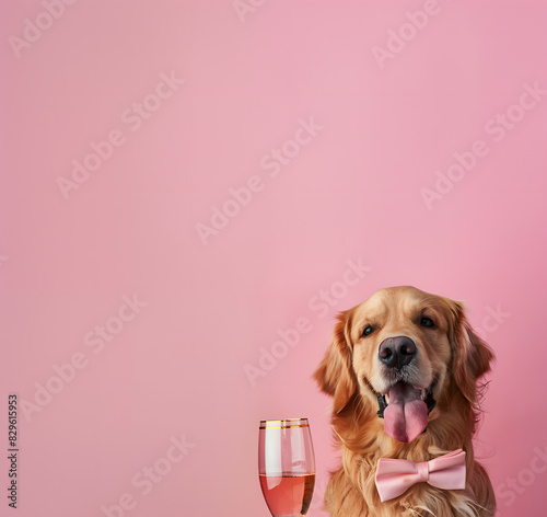 golden retriever wearing bow tie and a glass of wine in hand in pastel background. photo
