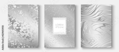 Elegant silver  covers , frame design set. Fashionable minimal abstract art pattern with paint stroke and splash on background. Luxury artistic vector for beauty catalog, fashion template.