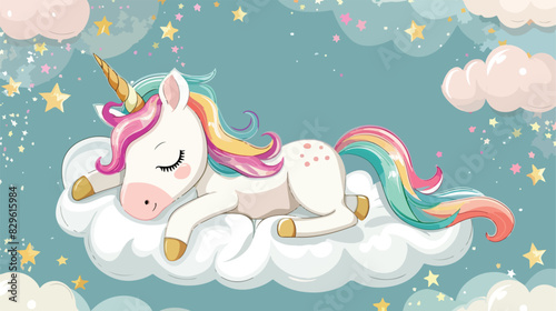 Cute Cartoon Lying down Unicorn on the cloud. Vector