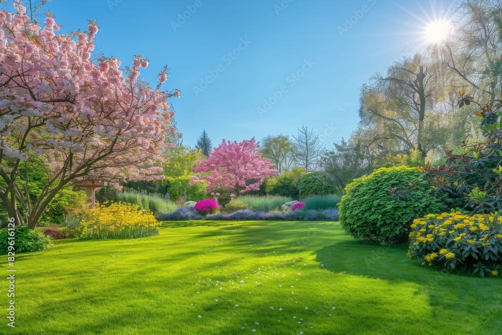 Cherry Blossom Trees in a Sunny Garden