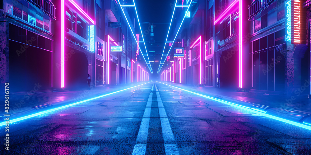Abstract color neon light footpath direction in perspective in the futuristic city background Generative AI
