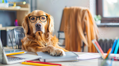 Golden retriever dog wearing a glass, sitting at a table with various objects scattered around, symbolizing the brainstorming process.