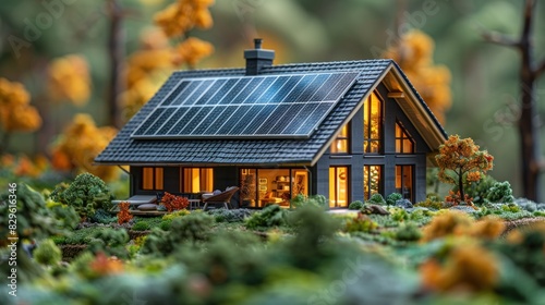 Eco-friendly model house with solar panels on the roof surrounded by a lush, detailed landscape with miniature trees and plants