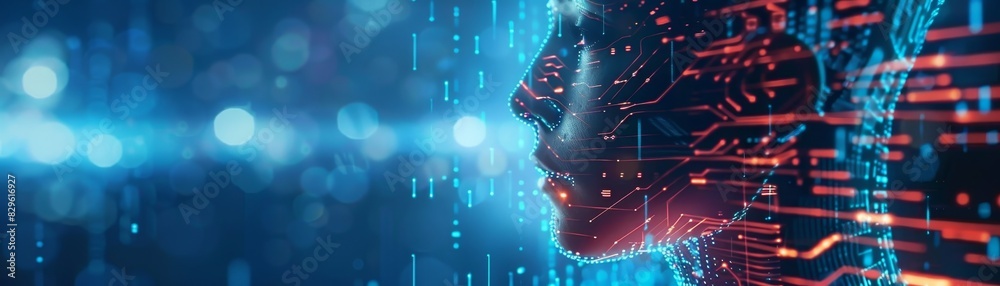 A futuristic digital profile of a human face with glowing blue and red ...