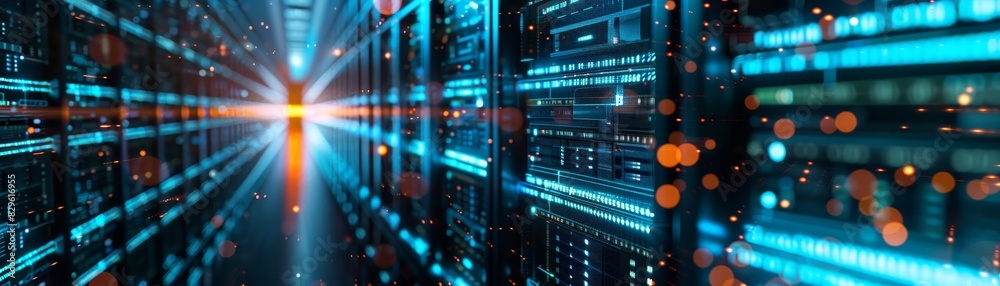 A futuristic data center with glowing servers and digital lights showcasing advanced technology and data storage solutions.