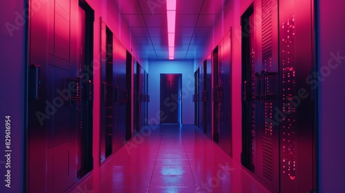 A futuristic data center hallway illuminated by vibrant pink and blue lights, showcasing rows of sleek server cabinets extending into the distance.