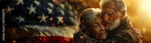 Elderly couple hugging warmly with an American flag in the background, symbolizing love, unity, and patriotism. photo