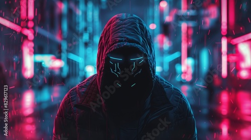 A mysterious figure wearing a hooded jacket stands in a neon-lit urban street at night, with vibrant blue and pink lights illuminating the scene. © Rattanathip