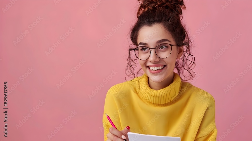 Joyful Proposal Writer Crafting Inspiring Stories in a Vibrant Office Setting