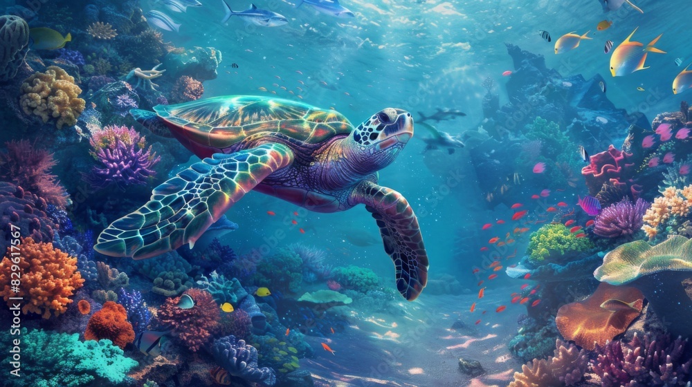 Sea Turtle Swimming Amidst Vibrant Coral Reef