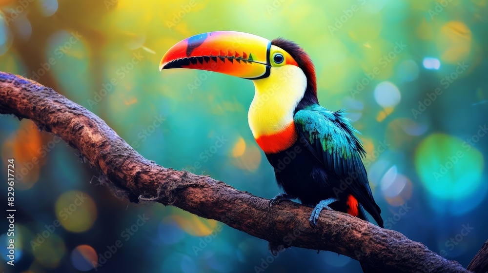 Obraz premium Colorful toucan bird on a bright tropical background