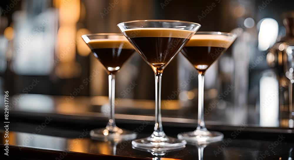Espresso martini cocktails in a bar.