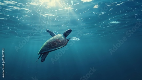 Sea Turtle Swimming Gracefully in Sunlit Ocean © ZeeZaa