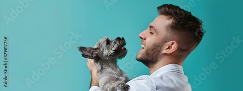 Joyful Young Animal Breeder Devotedly Caring for Furry Friends on Colorful Backdrop photo