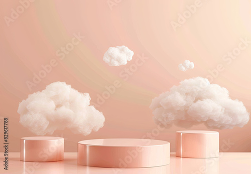 3D podium, minimalistic, pink background with clouds in the style of rendered in cinema4D, pink and beige, soft edges and atmospheric effects, romanticized depictions of wilderness. Created with Ai photo