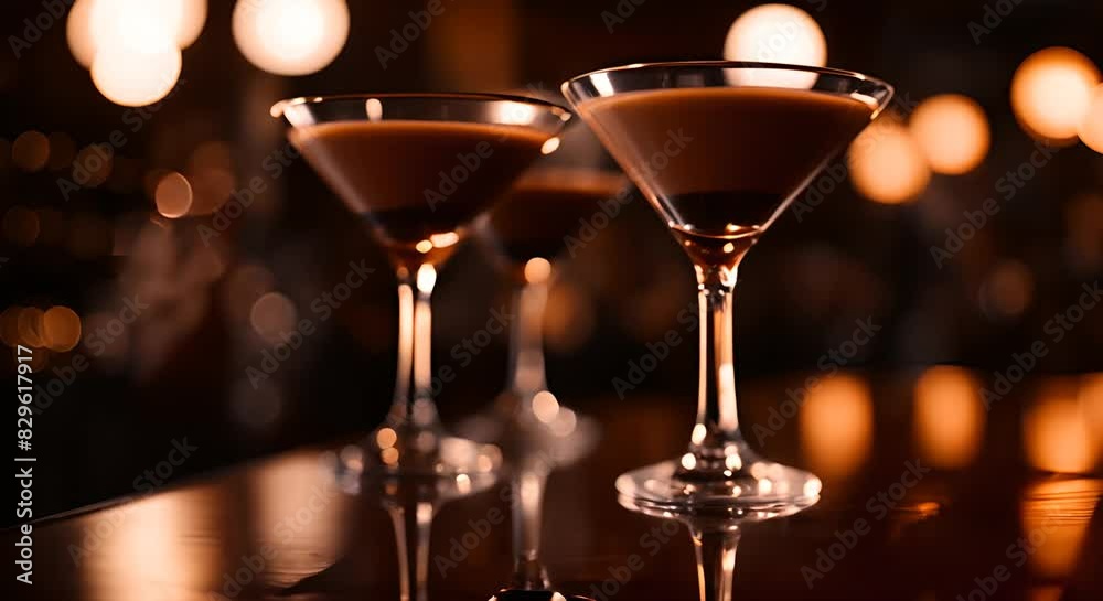 Espresso martini cocktails in a bar.