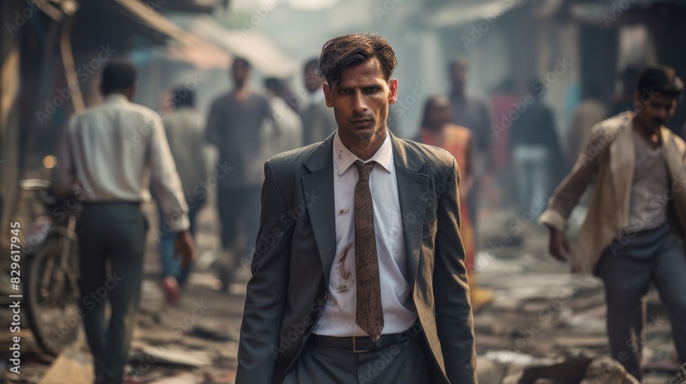 Fototapeta premium Rich male businessman walking down Indian busy street 