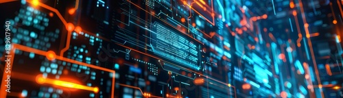 Abstract futuristic digital circuit background featuring neon blue and orange lights, representing technology and innovation.