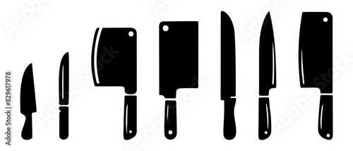 Kitchen knife silhouette black filled vector Illustration icon. Meat cutting knives set. 