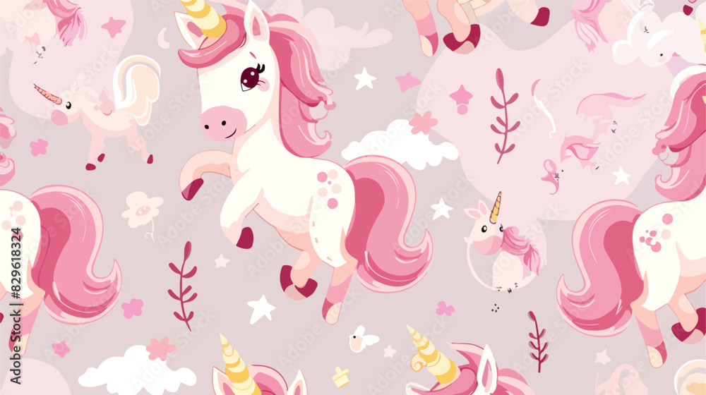 Cute pink unicorn. Seamless pattern. Cartoon vector i
