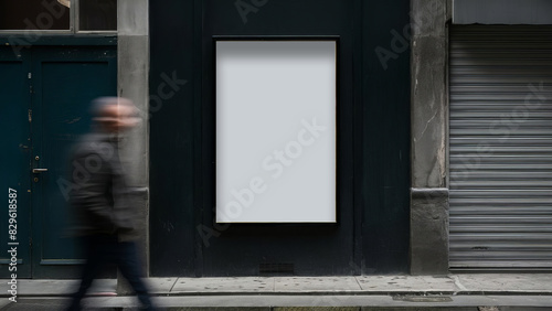 Outdoor blank billboard sign board poster with people passing by. 