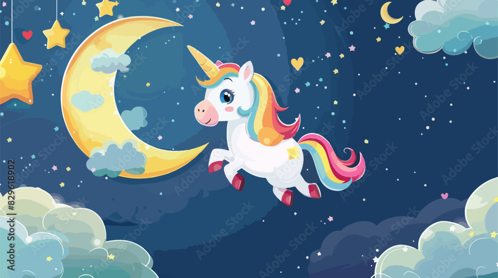 Cute unicorn running on the moon with the starry sky