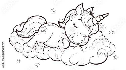 Cute unicorn sleeping on the cloud. Coloring book pag